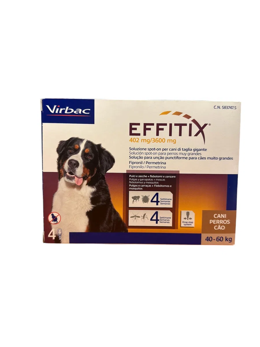 Effitix Antiparassitario Pipette per Cani 40-60 Kg, Combatte Pulci e Zecche, Previene la Leishmaniosi, Formato 4 Pipette