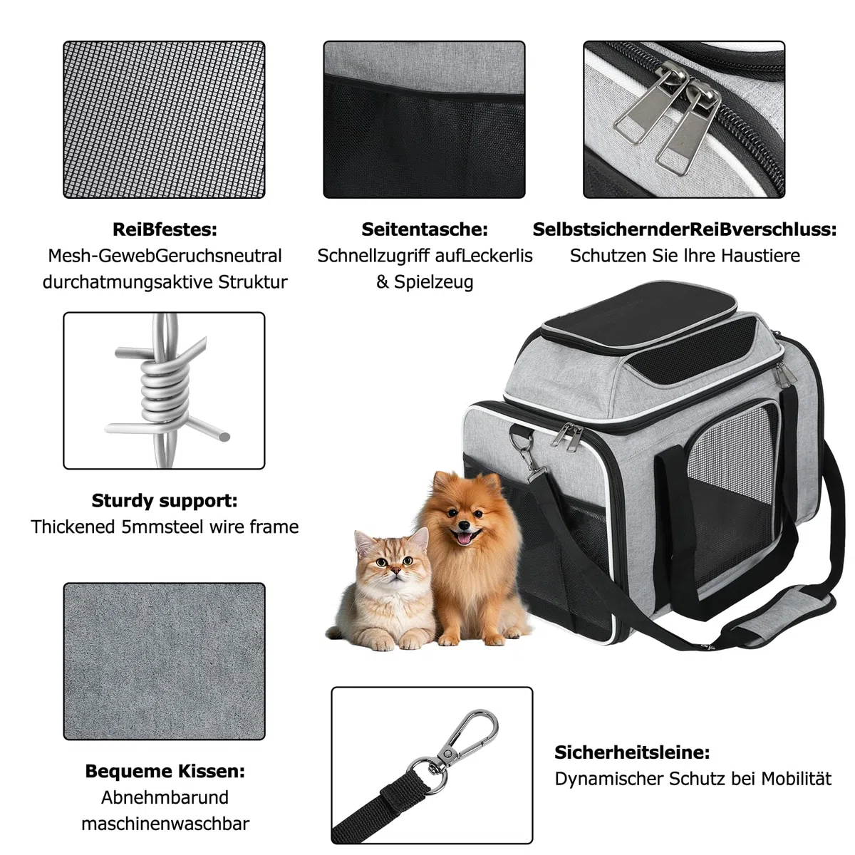 Trasportino per gatti,Trasportino espandibile superiore,Traspirante e pieghevole Borsa per il trasporto per gatti,guinzaglio interno,per Gatto e Cane fino a 6 kg,per Viaggi Lunghi (Grigio)
