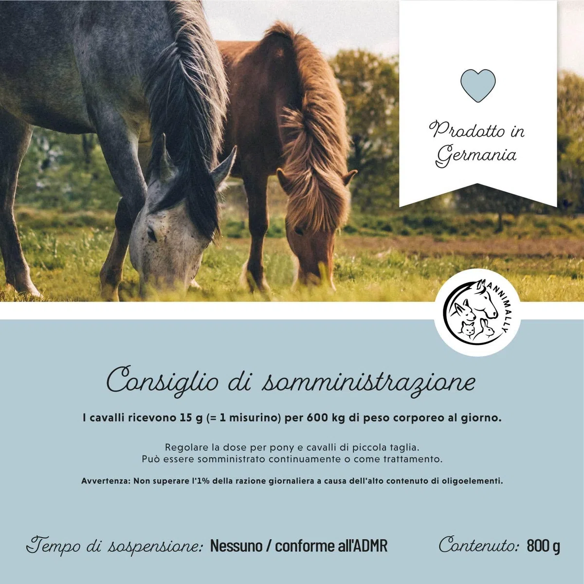 Annimally Selen, Vitamina E, L-Lisina in Polvere per Cavalli 800g - Complesso di Vitamina E, L-Lisina e Selenio per supportare la muscolatura e Le Prestazioni - Integratori per Cavalli