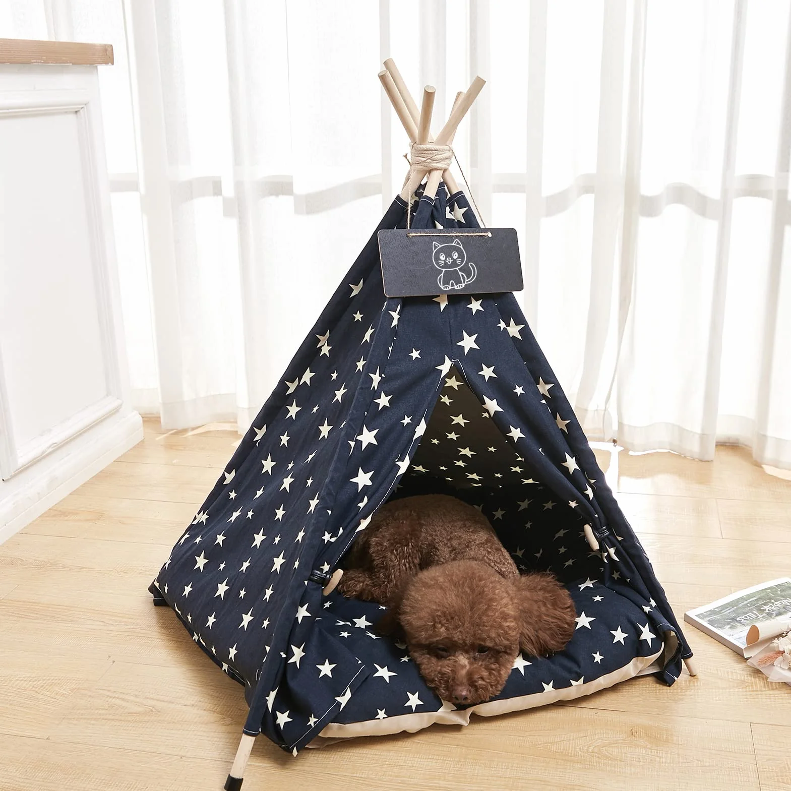 Tipi Tenda per Animali con Cuscino- Domestici Cuccia in Tela Portatile per Cani e Gatti -51x51x61cm Rimovibile e Lavabile Gatti Casetta da Gioco (Blu navy)