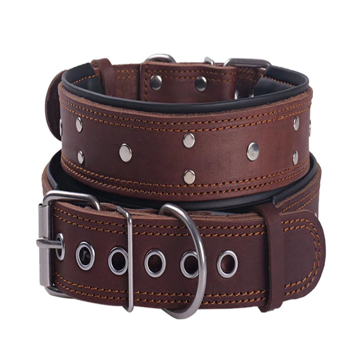 Collare per Cani Con Borchie in Pelle, Imbottito, Extra Spesso e Largo 5 cm, in Vera Pelle Morbida e Resistente, Per Cani di Taglia Media e Extra Grande (Marrone, XXL)
