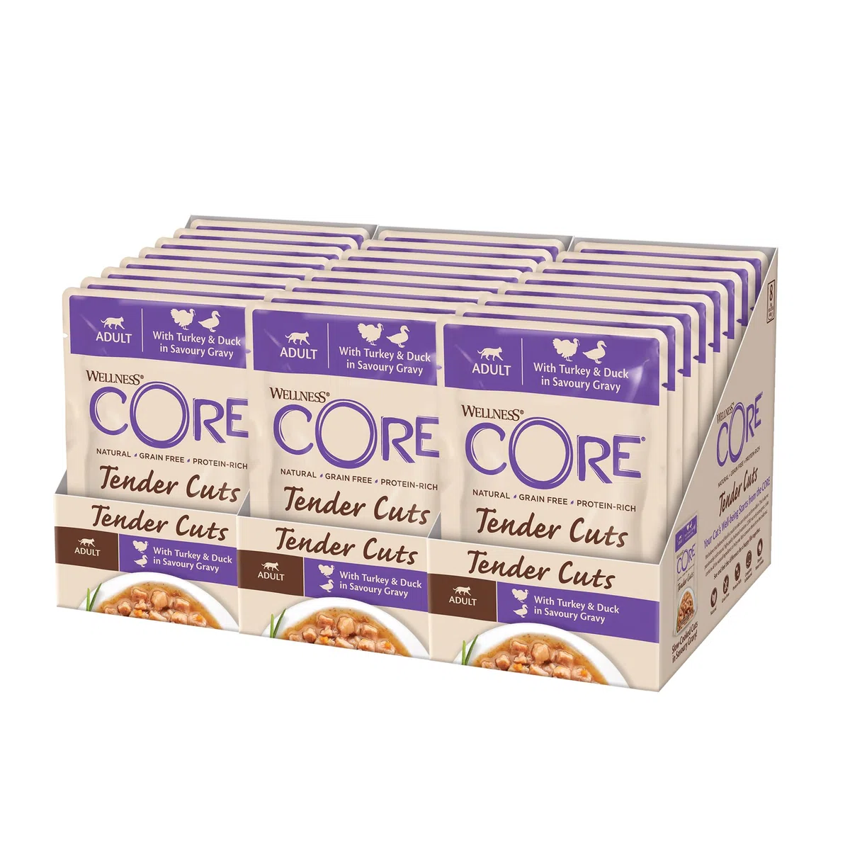 Wellness CORE Tender Cuts 24 x 85g, Tacchino/Anatra – Morbidi Pezzi per Gatti Adulti, Senza cereali, Naturale, Ipoallergenico, Ricco di Proteine, Alto Contenuto di Carne,
