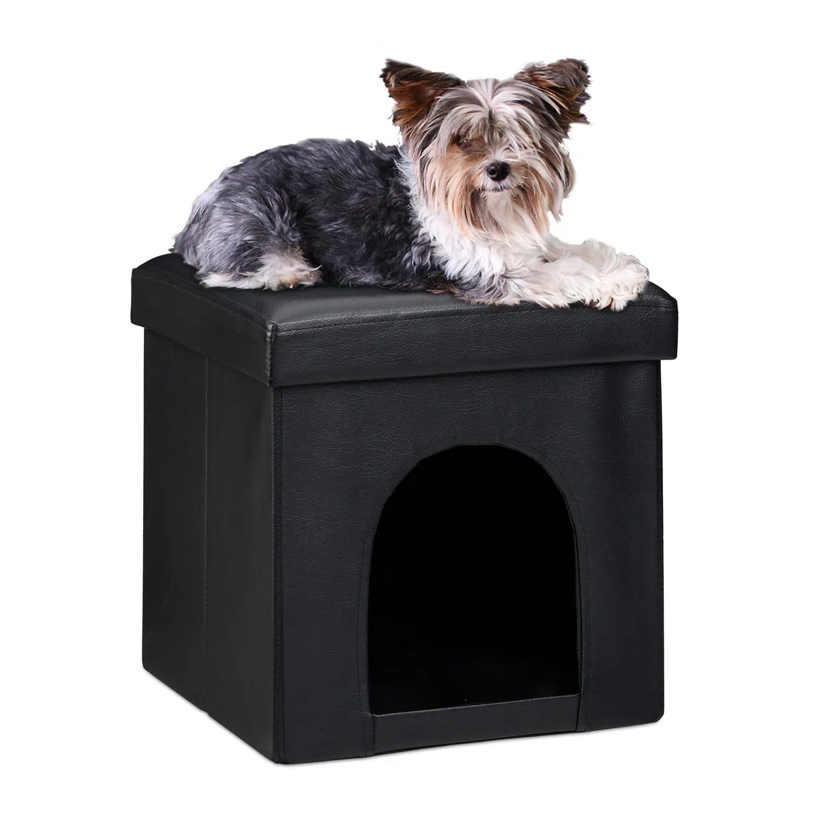 Relaxdays Cuccia Puff Pieghevole per Cane/Gatto, Finta Pelle, 38 X 38 X 38 cm, Nero