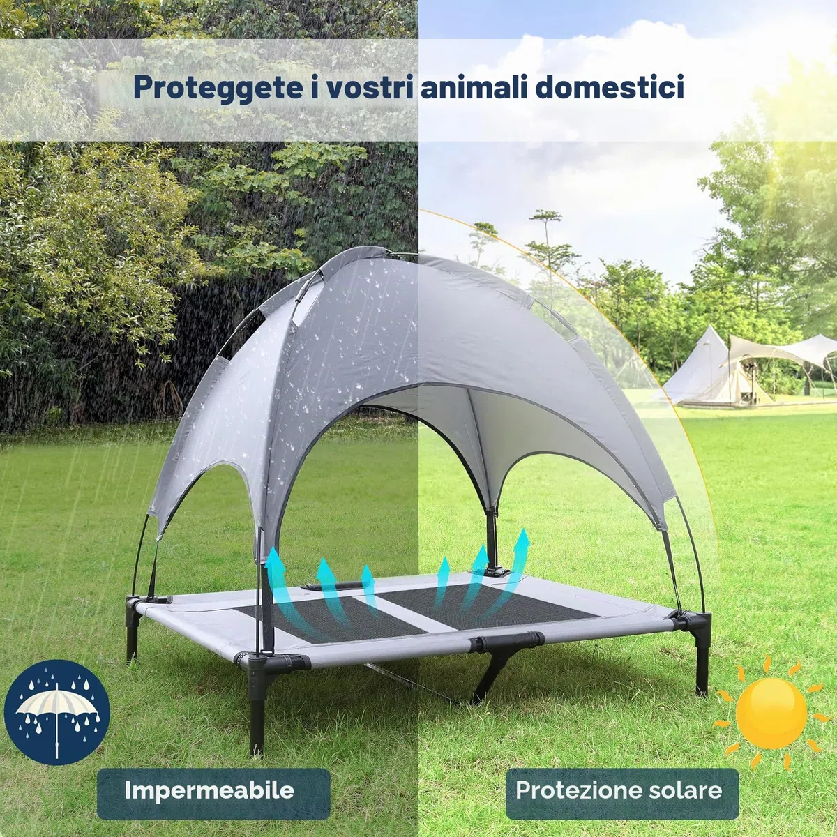 UISEBRT Cuccia Rialzata per Cani con Baldacchino e Tetto Impermeabile, Lettino da Esterni con Rete Traspirante per Campeggio, Spiaggia - Misura L, 92 x 76 x