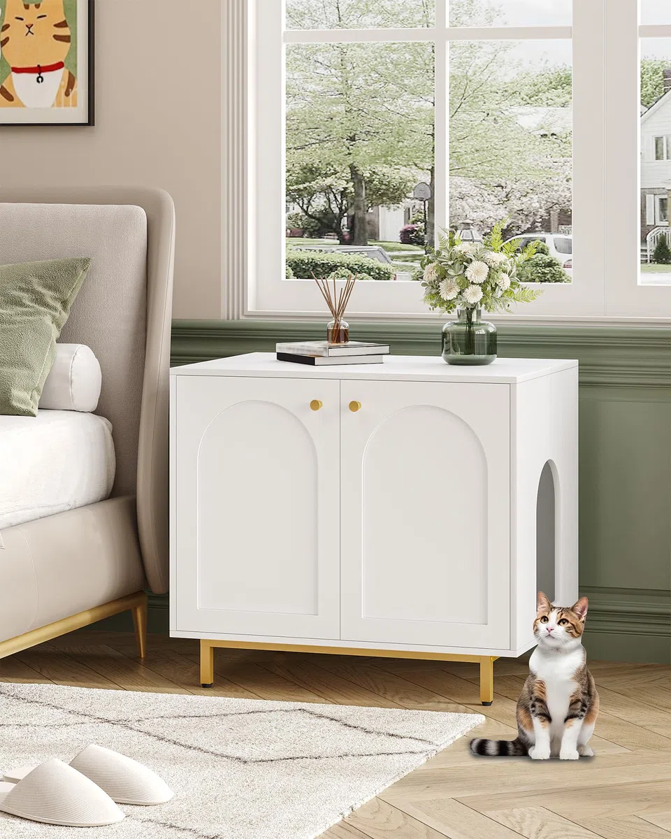 Hzuaneri Casa Della Toilette Per Gatti, Mobile Nascosto, Tavolino in Legno per Animali Domestici, Panca per Armadietto, Adatto Alla Maggior Parte dei Gatti, 80 x 55 x 70 cm, Bianco e Oro CB85003G