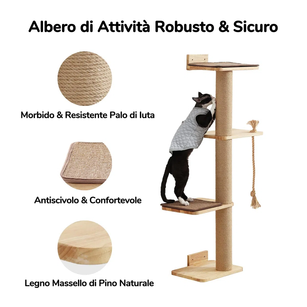 FUKUMARU Albero Tiragraffi per Gatti a Parete, Alto 127 cm, Arrampicare Mensole e Posatoi per Gatti, Legno di Gomma Massiccio,Colonne Tiragraffi con Iuta per Gatti, 4 Tappetini Tiragraffi.Grande.