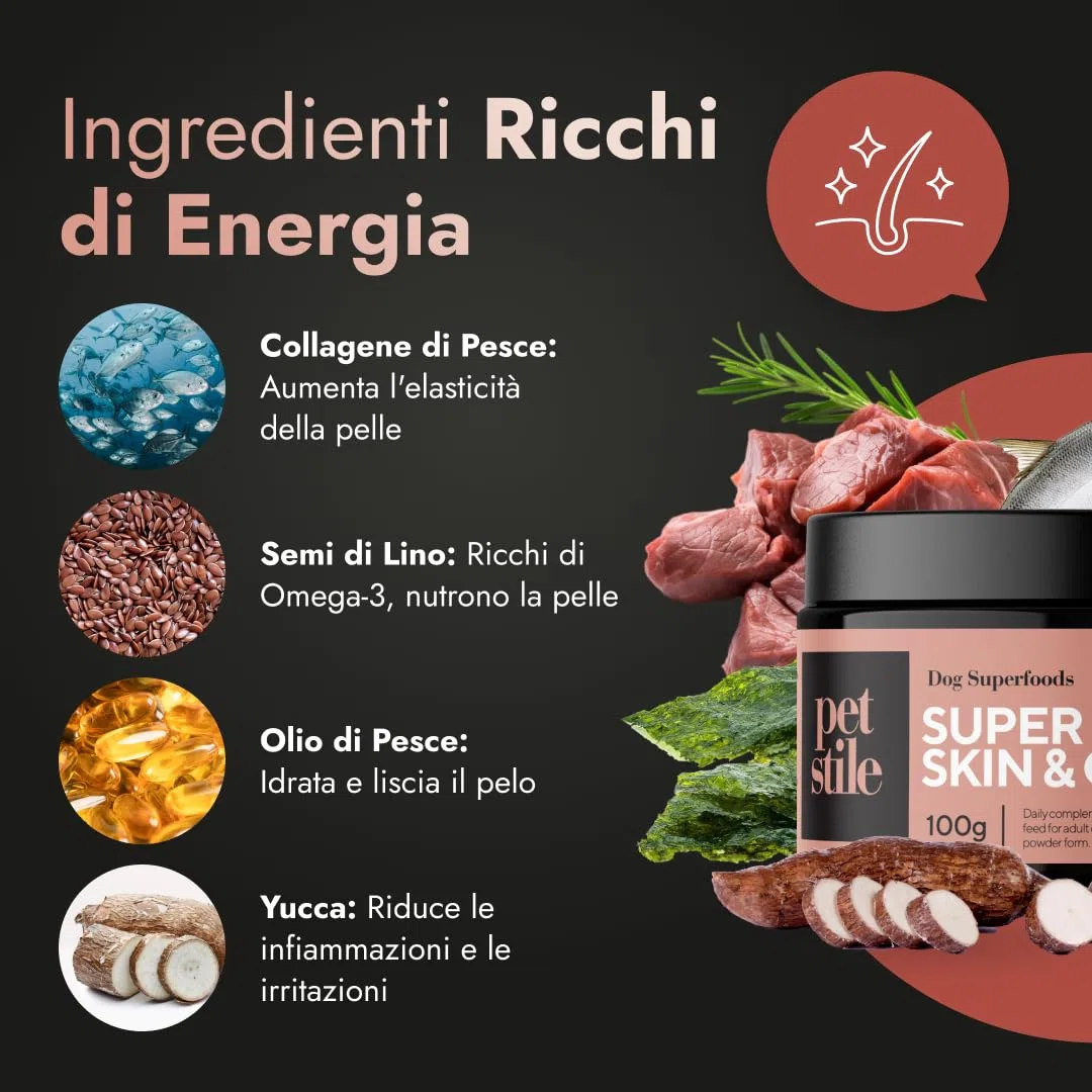 Super Skin & Coat – Integratore naturale per cani con collagene, semi di lino e olio di pesce per pelle elastica, pelo sano e riduzione delle infiammazioni (1x 100 g)
