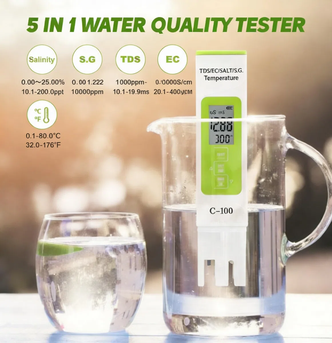 C-100 5 in 1 Salinità TDS EC Tester dell'Acqua di Mare, Tester della qualità dell'Acqua, con Retroilluminazione, per Acqua Potabile, Piscina, Acquario, di Osmosi