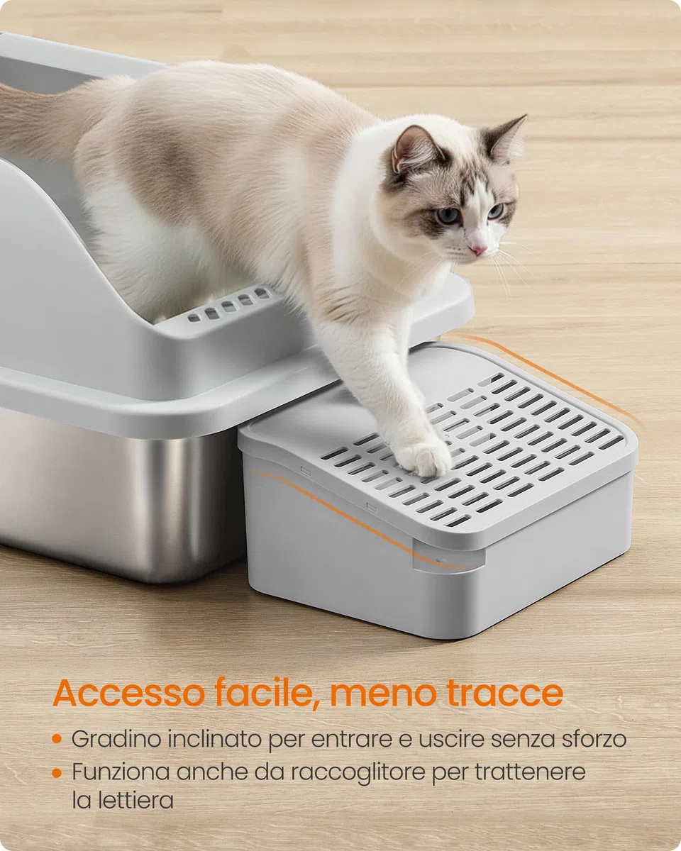 Feandrea Lettiera per Gatti in Acciaio Inox, Vassoio Alto con Apertura Superiore, Gradino, Paletta, Spazzola, per Gatti fino a 15 kg, Grigio Tortora PPT008GD01