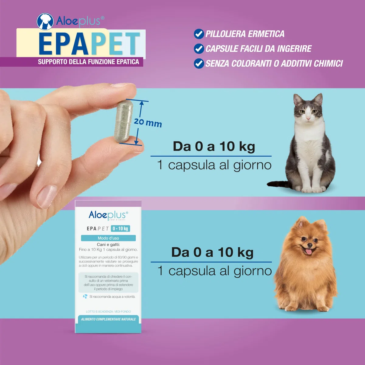 ALOEPLUS EpaPet - Integratore Naturale in Capsule per il Fegato di Cani e Gatti, con Cardo Mariano, Betaina e Vitamine, Senza Additivi Chimici, Dosaggio Personalizzato, 60 Capsule (0-10 kg)