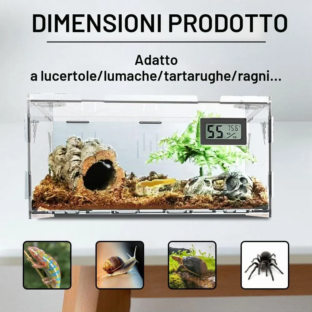 Oiakz Terrario per Rettili con Igrometro di Temperatura, in Acrilico per Piccoli Insetti, Casa, Ufficio, 40 x 24 x 18 cm (DE-Z002)