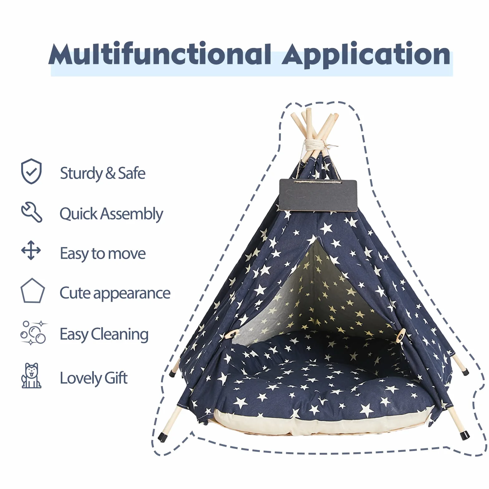 Tipi Tenda per Animali con Cuscino- Domestici Cuccia in Tela Portatile per Cani e Gatti -51x51x61cm Rimovibile e Lavabile Gatti Casetta da Gioco (Blu navy)
