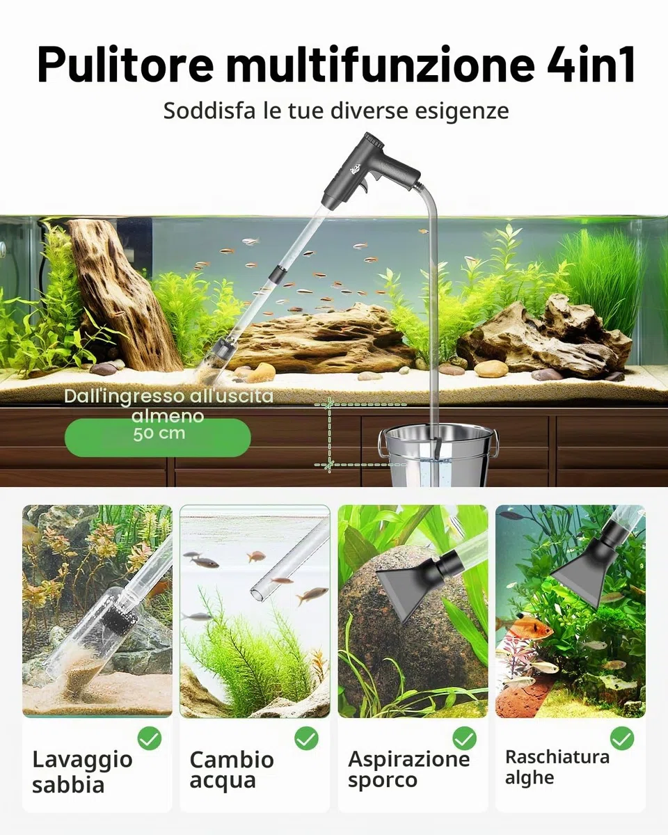 AQQA Sifone Acquario, Cambio d'Acqua per Acquario, 4 in 1 Pulitore di Ghiaia per Acquari con Regolazione del Flusso d'Acqua, per Il Cambio d'Acqua, la Pulizia della Ghiaia e della Sabbia