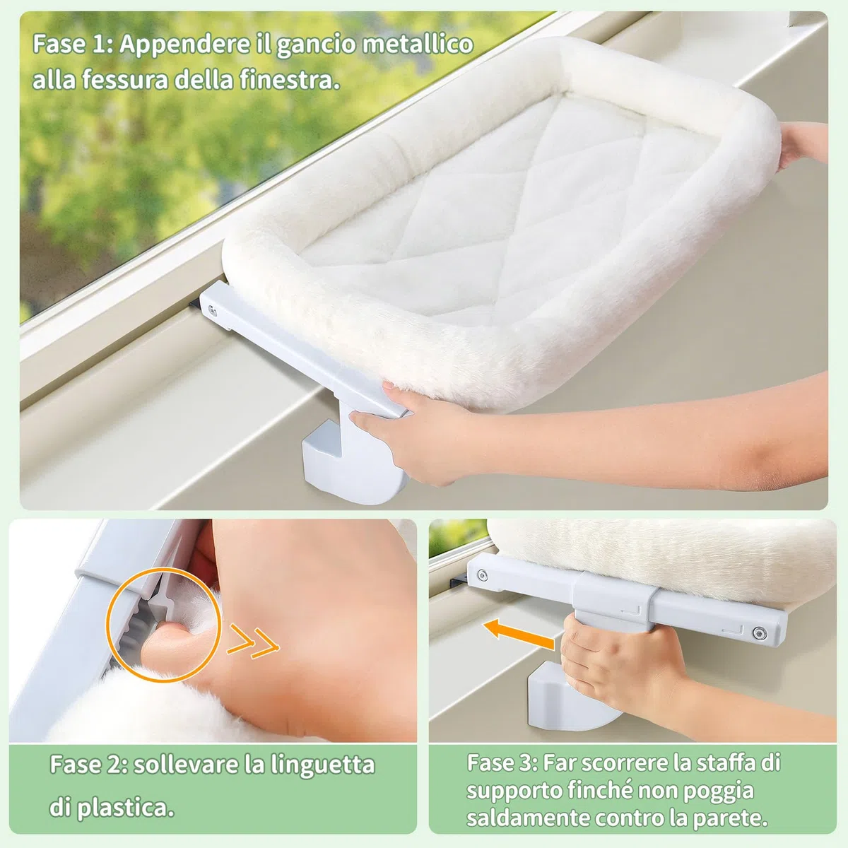 GUUSII HOME Amaca per Gatti da Finestra Gatto Cuccia Morbida Interno Letto Regolabile Gattino Cucce Trespolo Facile da Montare e Spostare per Comodino Sostenere Fino a 18kg (Bianco, M)