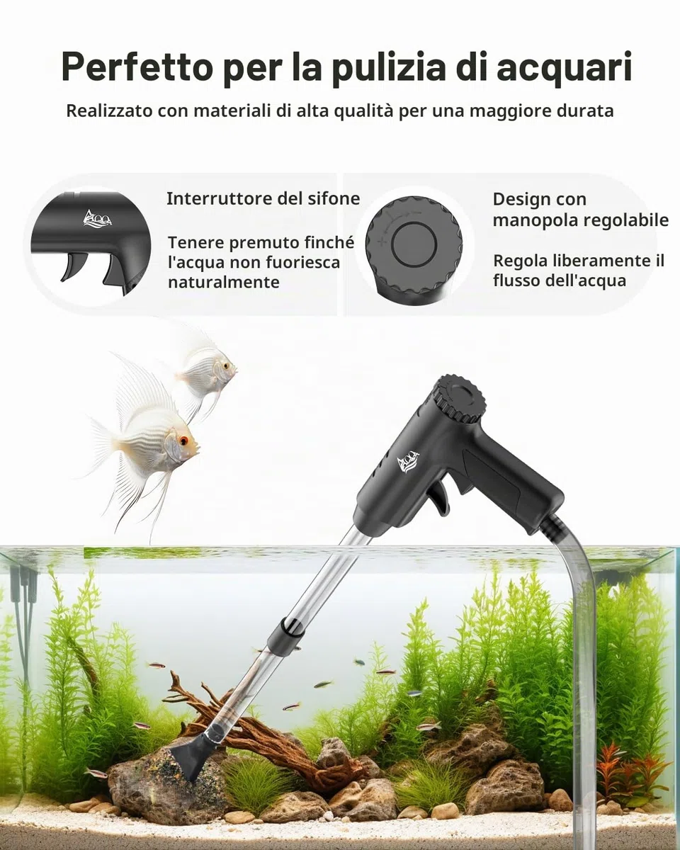 AQQA Sifone Acquario, Cambio d'Acqua per Acquario, 4 in 1 Pulitore di Ghiaia per Acquari con Regolazione del Flusso d'Acqua, per Il Cambio d'Acqua, la Pulizia della Ghiaia e della Sabbia