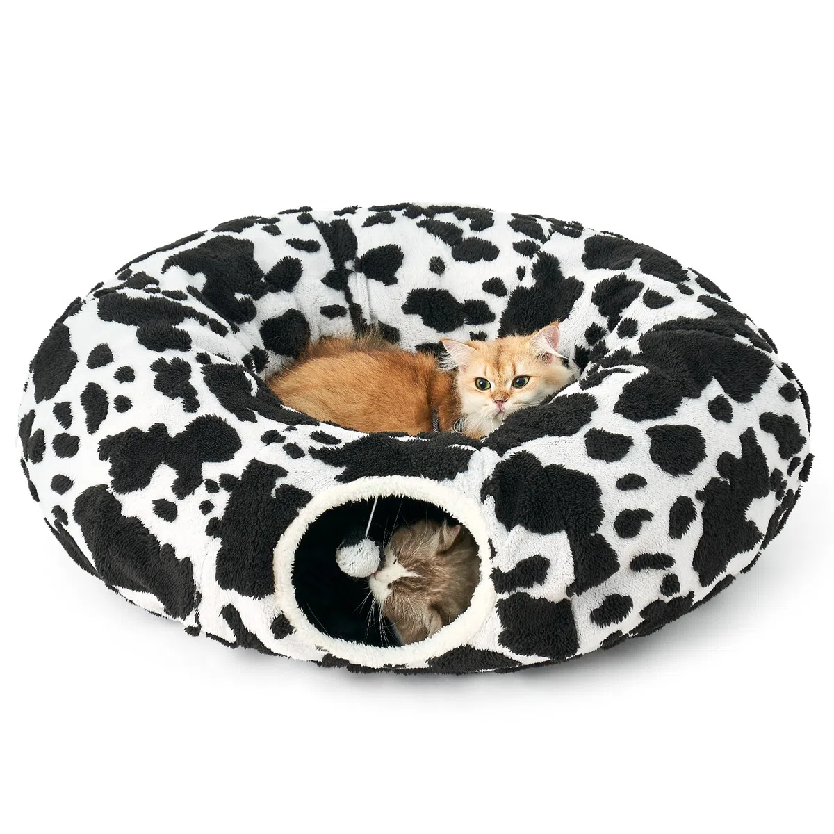 COZY KISS Tunnel per Gatti Interni con Letto, Tunnel con Due Entrate, Cuccia Con Cuscino Lavabile, Peluche Morbida, Interattivo per Cuccioli/Gattini/Conigli (Bianco & Nero, 85D)
