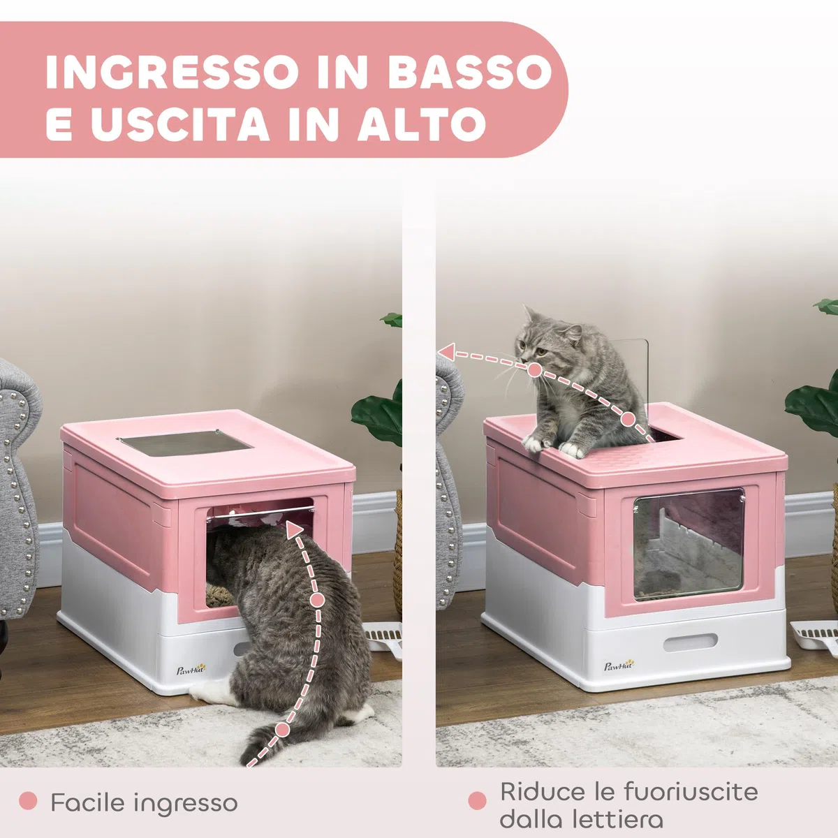 PawHut Lettiera per Gatti Chiusa in PP con Paletta Inclusa, Design Pieghevole, Cassetta Igienica per Gatto con Vassoio Estraibile e 2 Porte, 47.5x35.5x36.7 cm, Rosa e Bianco