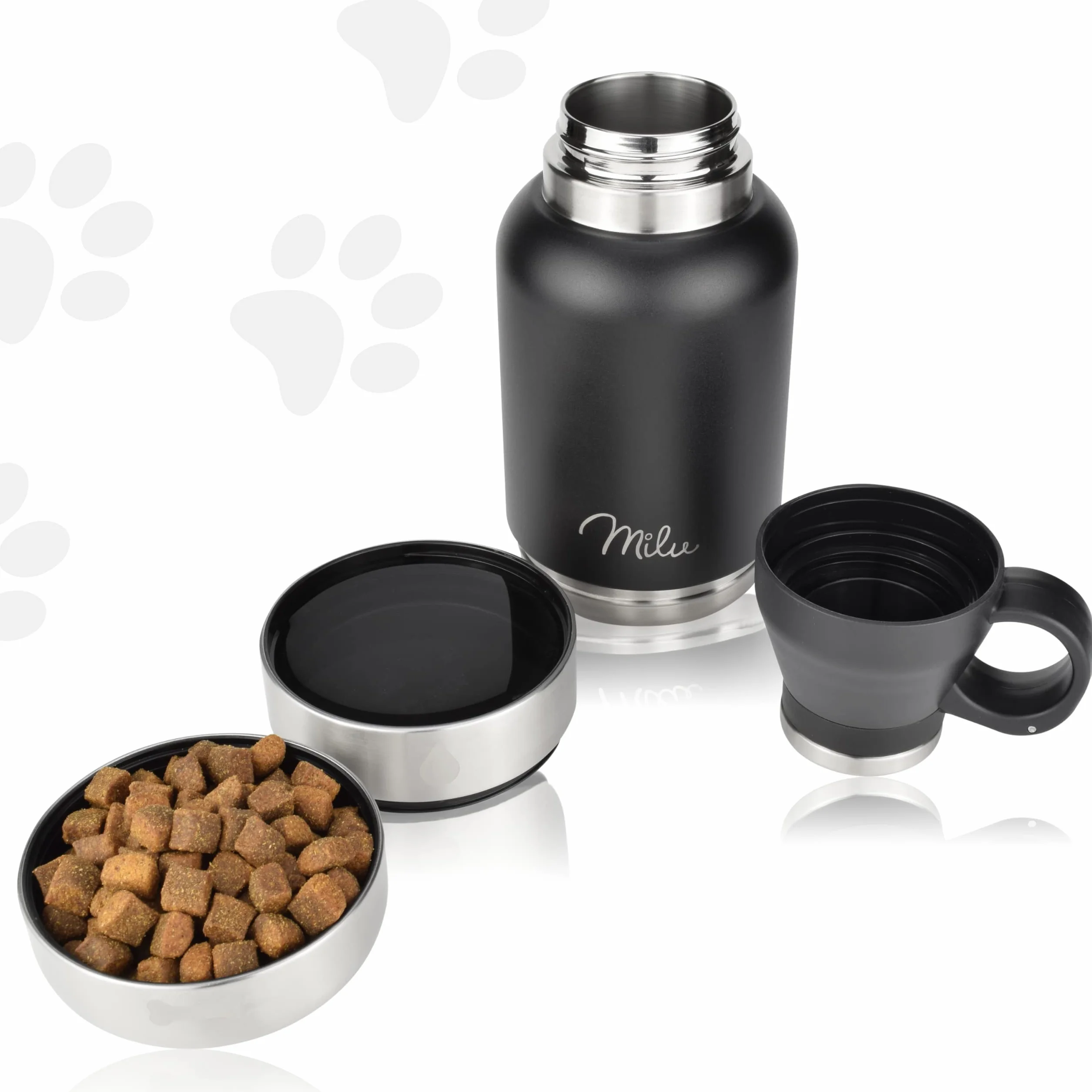 Milu Borraccia per cani da viaggio, 950 ml, con ciotola, isolata, in acciaio inox, per cani, con contenitore per cibo, ciotola, cane, escursionismo, viaggi, passeggiate