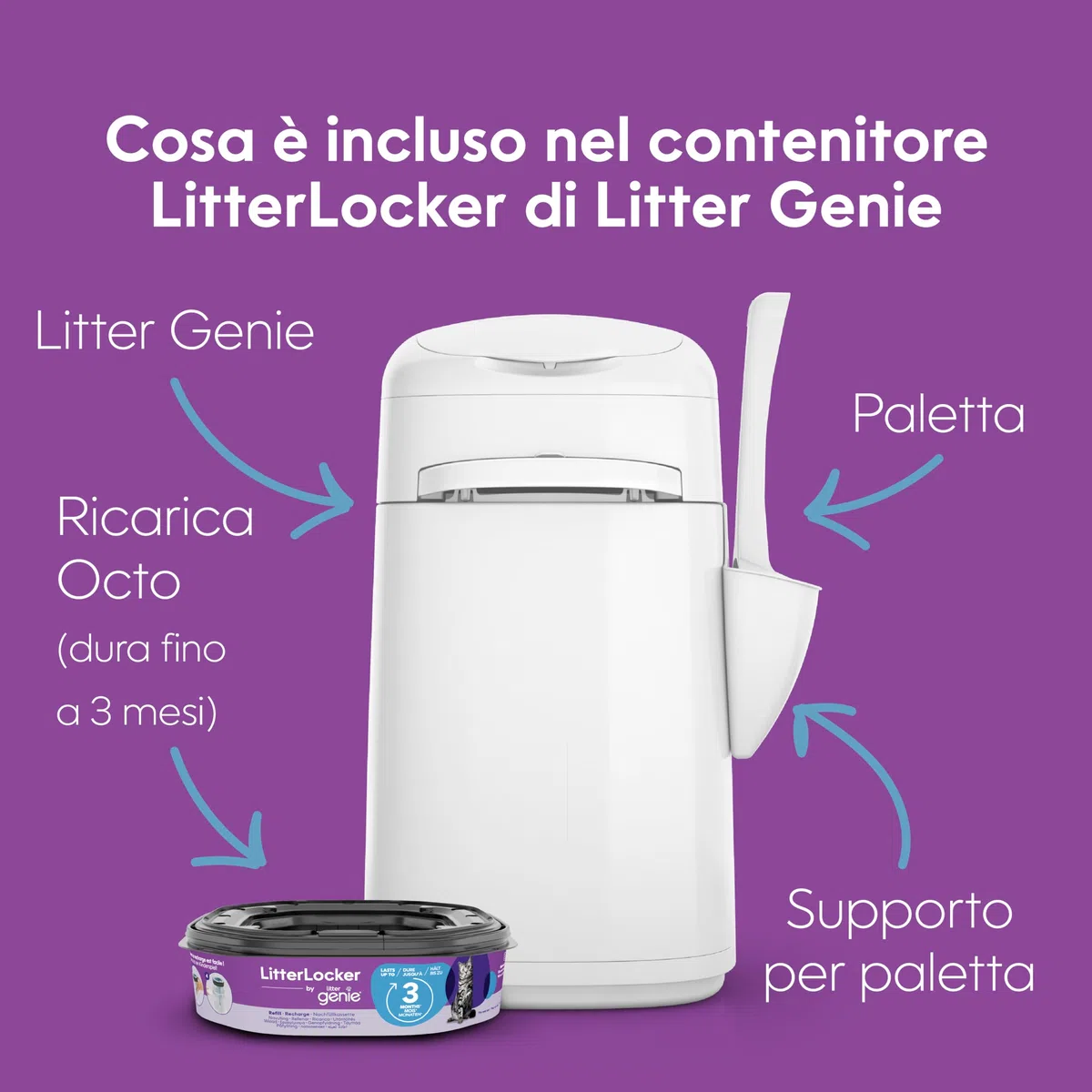 Litter Genie - Official Litter Locker - Pattumiera per lettiera per gatti a prova di odore, facile da pulire, con paletta inclusa e 1 ricarica XL (3 mesi). Compatta e facile da usare.