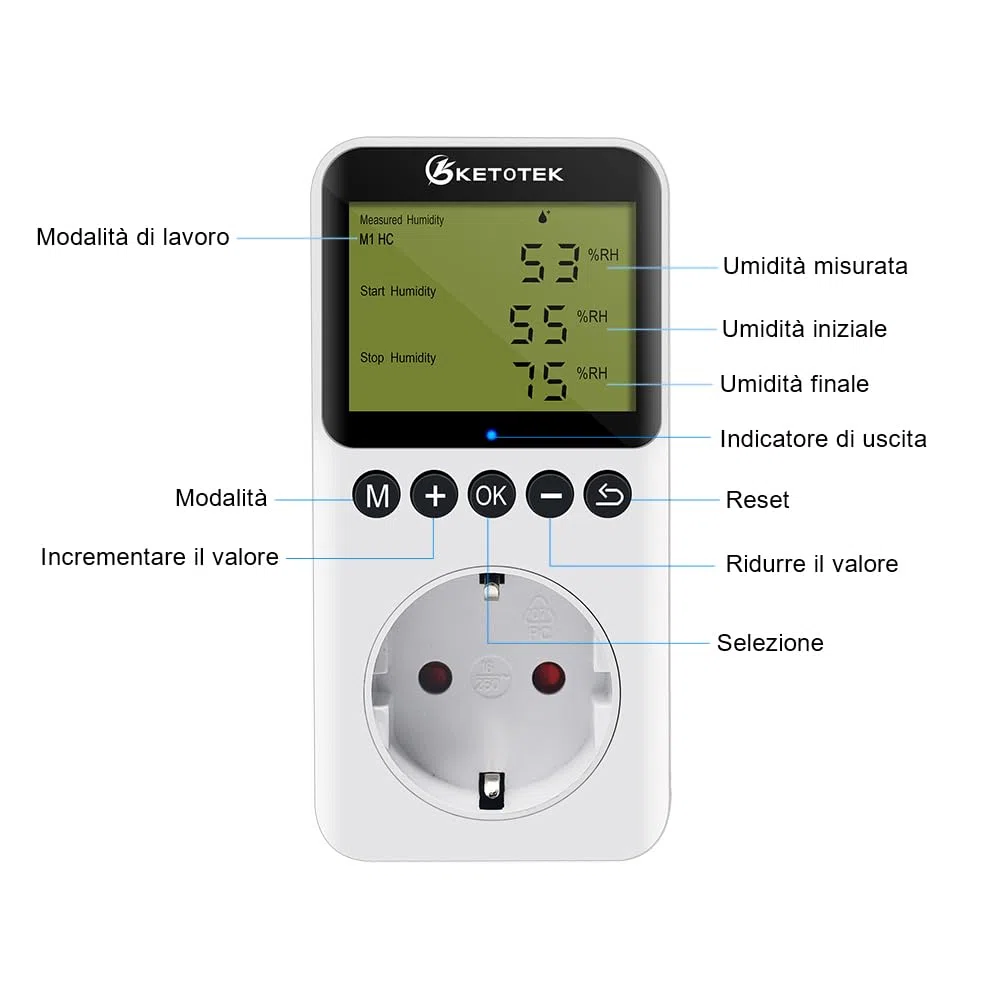 KETOTEK Igrostato a Presa con Sonda 220V, Regolatore di Umidità Spina Digitale con Funzione Coutdown per Grow Box Incubatrice Uumidificatore Deumidificatore