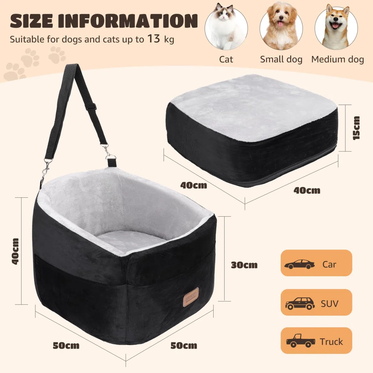 Nobleza - Seggiolino Auto per Cani Fino a 13kg, Cuccia Cane Auto con Cuscino Rialzato Staccabile, Grande Tasca Portaoggetti e Base Antiscivolo, 50x50x40cm