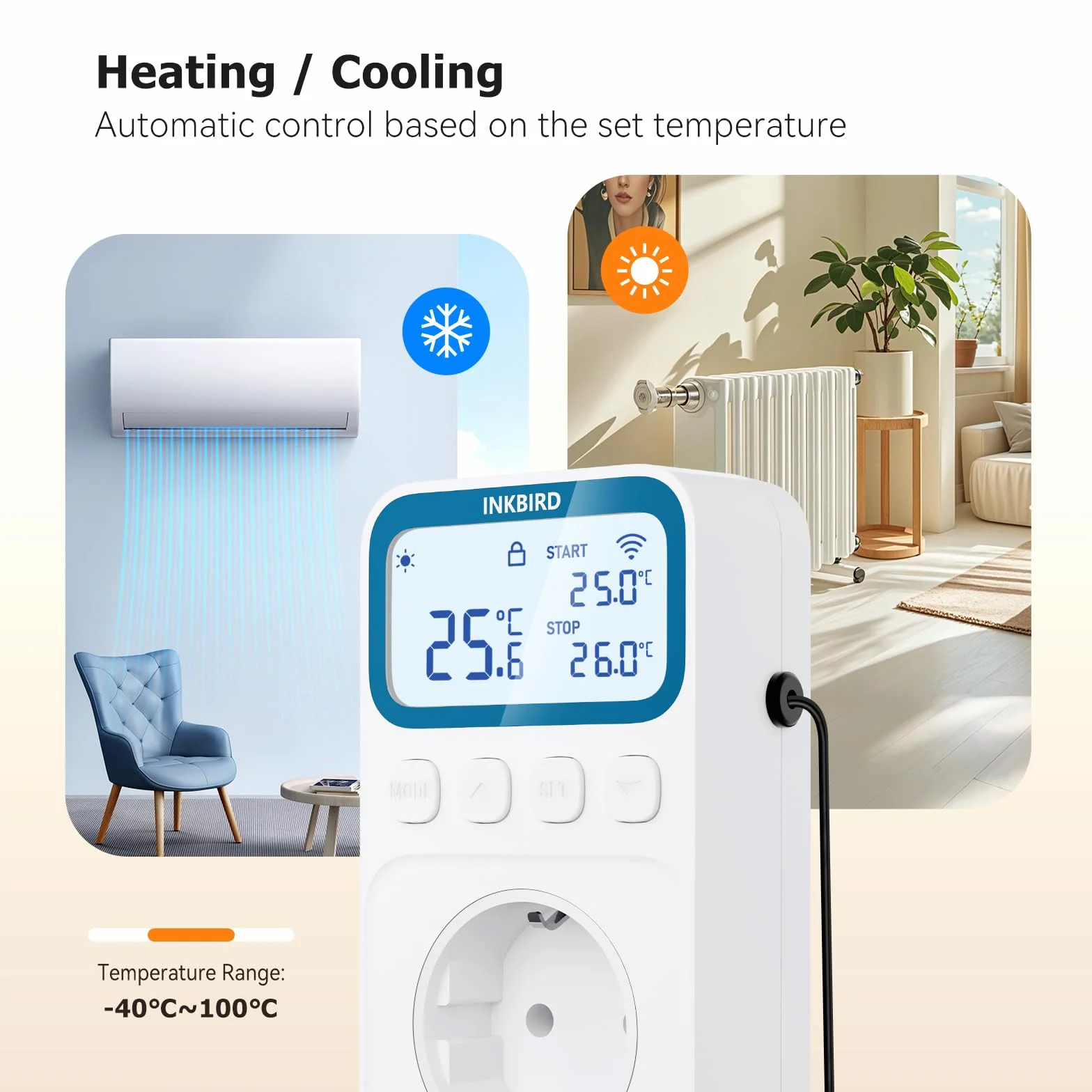 Inkbird Termoregolatore Regolatore di Temperatura,C236T WiFi Termostato con Sonda,Riscaldamento e Raffreddamento,Funzione di Allarme,LCD Display,Presa Termostato per Casa,Rettili,Serra,Incubazione