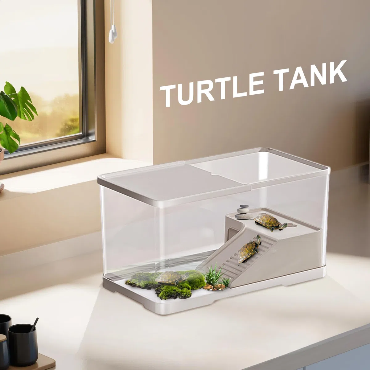 Acquario per rettili - Habitat per tartarughe da 75 litri, vasca per tartarughe acquatiche con area per crogiolarsi integrata, costruzione sicura a prova di fuga | Recinto tutto in per piccoli ret