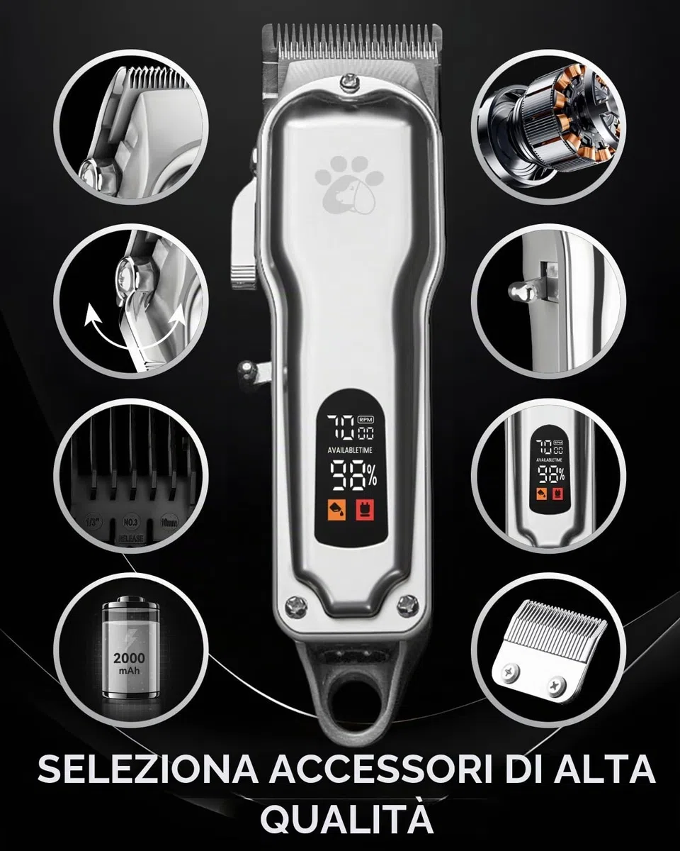 Tosatrice professionale per cani per capelli spessi, corpo interamente in metallo, lama in ceramica nera, display a LED, kit per toelettatura cani senza fili ricaricabile a basso rumore