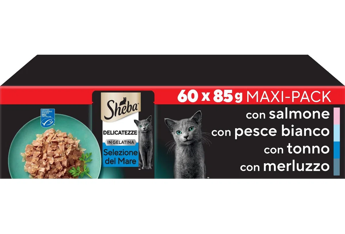 Sheba Delicatezze in Gelatina, Tonno, Salmone, Pesce Bianco e Merluzzo, cibo umido completo per gatti adulti, 60 bustine da 85g