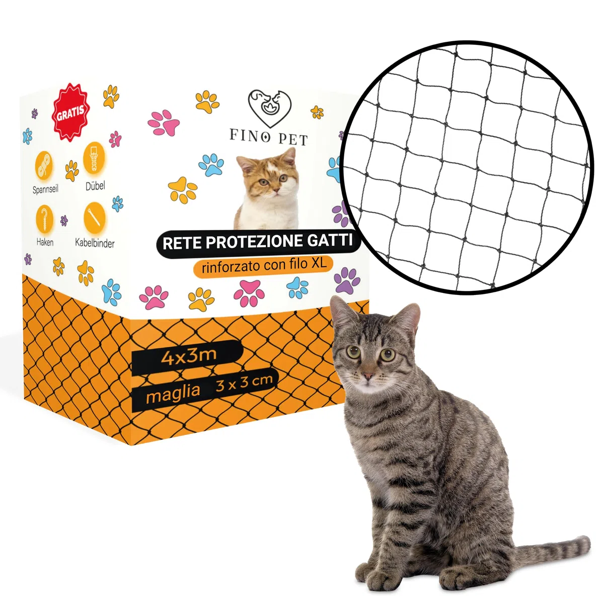 Rete per gatti per balcone, 4 x 3 m, rete da balcone rinforzata con filo per gatti, materiale di fissaggio, protezione sicura per gatti, balcone senza foratura, rete di sicurezza per gatti
