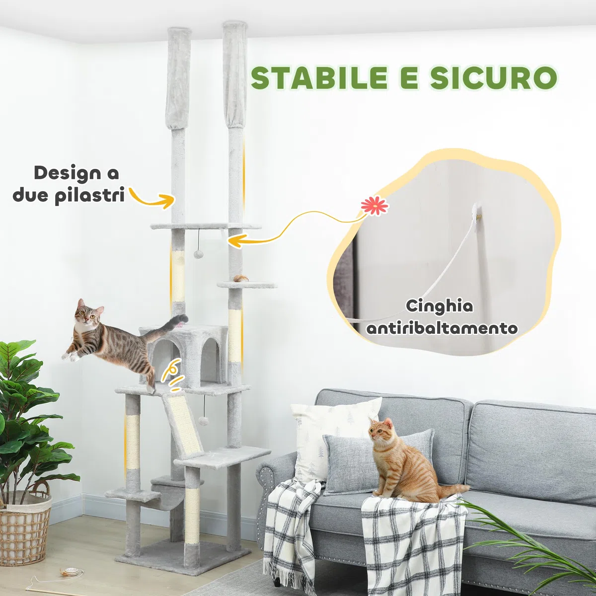 PawHut Albero Tiragraffi per Gatti Adulti a Soffitto con Altezza Regolabile 225-255 cm, Torre per Gatti Multilivello con Piattaforme, Casetta, Amaca, Palline e Pali in Sisal per Interno, Grigio Chiaro
