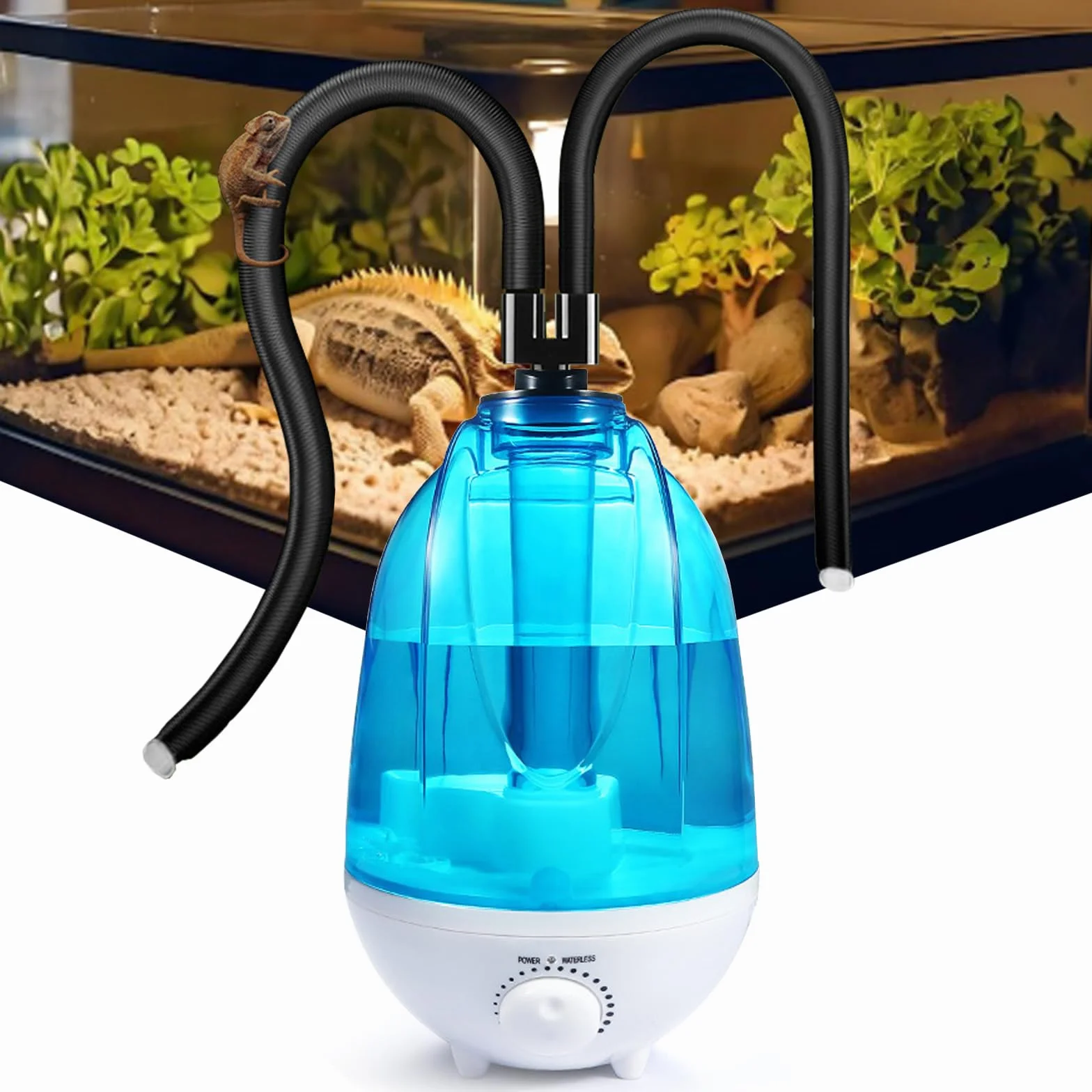 Reptilie Luftbefeuchter Terrarium, 4L Reptilien Luftbefeuchter 300mL/h Mit 7 Farben der Nachtlichtfunktion, Terrarium-Nebelgerät Mit verstellbarem Schlauch, Vaporizer Nebelmaschine mit Doppeldüse