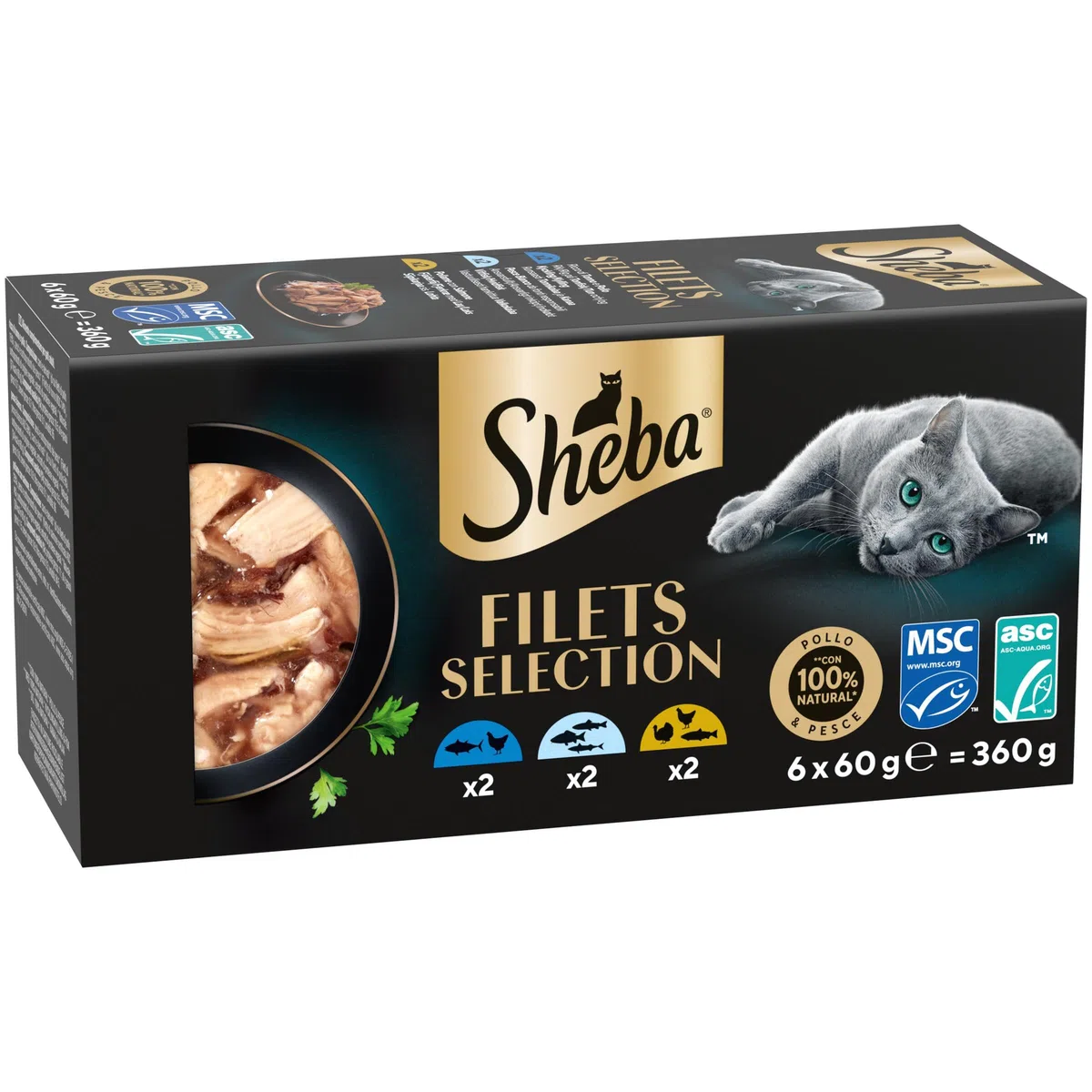 Cibo per gatti adulti SHEBA Filets gusti assortiti in salsa Vaschette 6x60g, confezione da 6