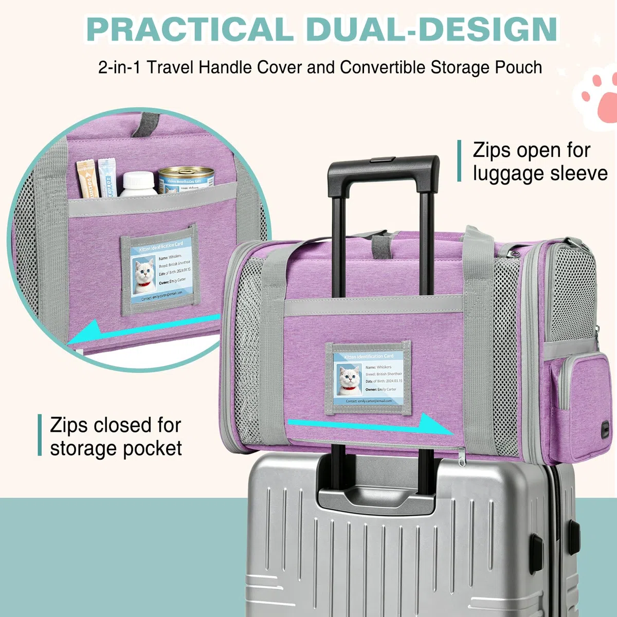 Trasportino Gatto Approvato Aereo Trasportino per Cani Pieghevole Borsa da Viaggio per Animali Domestici Portabile Borsa per Gatti con Tessuto Antigraffio e Cuscino Lavabile (Viola)