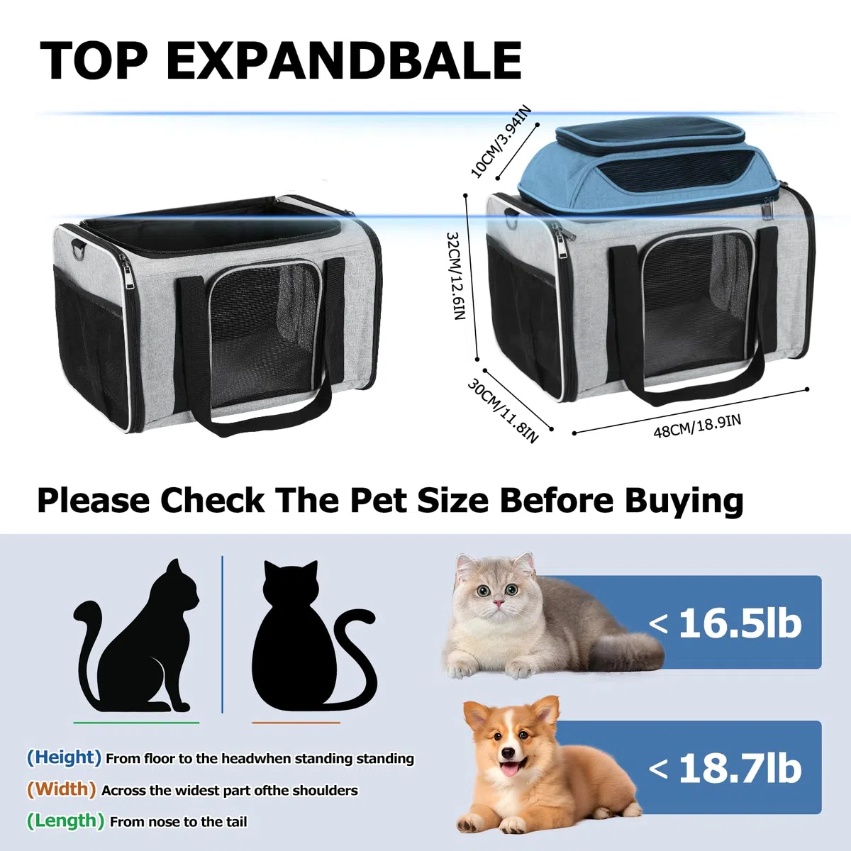 Trasportino per gatti,Trasportino espandibile superiore,Traspirante e pieghevole Borsa per il trasporto per gatti,guinzaglio interno,per Gatto e Cane fino a 6 kg,per Viaggi Lunghi (Grigio)