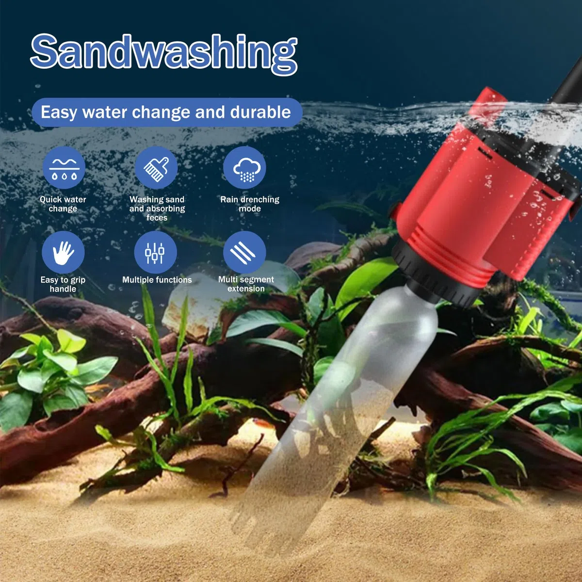 Pulitore elettrico per acquario, sabbia ghiaia, 6 in 1, contenitore per pesce, aspirapolvere per ghiaia, cambio acqua, pulizia dello sporco + detergente per sabbia + detergente per detriti di pesce