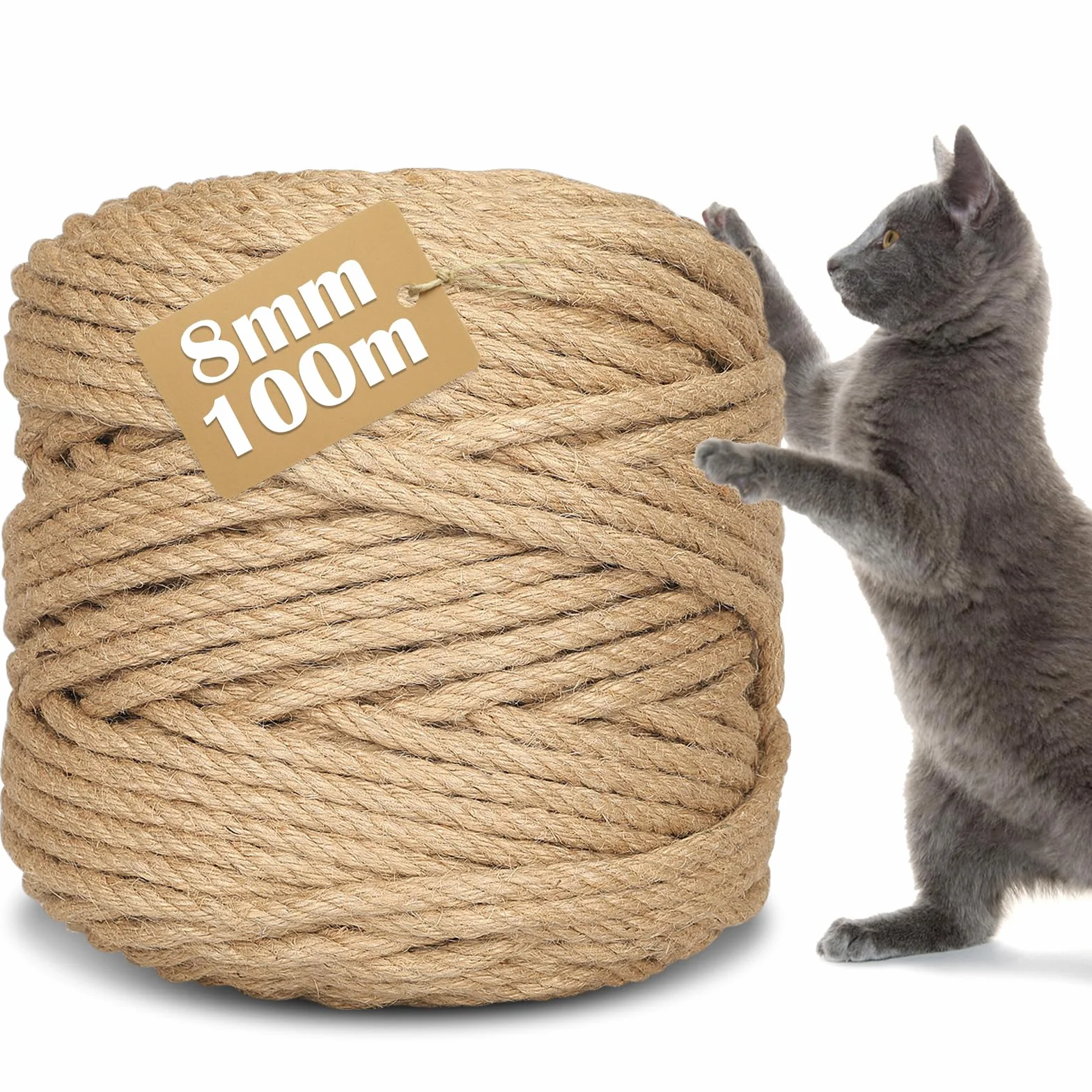 Corda Sisal per Tiragraffi per Gatti 8mm x 100m, Corda Juta Naturale per DIY Tiragraffi per Albero di Gatto, Filo per Graffiatoio, Ideale per Casa, Giardino, Decorazioni