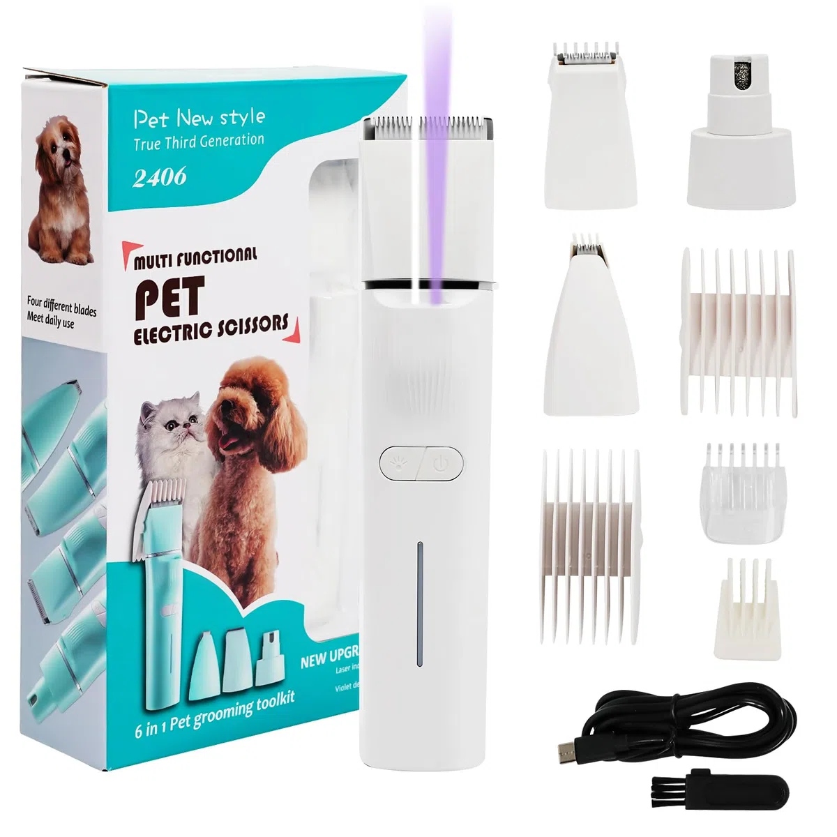 4 In 1 Tosatrice Per Cani Professionale, Rasoio Per Cani Con Luce LED E Lampada Viola UV, Silenzioso Tosatrice Per Gatti, Per Corpi, Zampe, Occhi, Orecchie, Viso (Bianco)