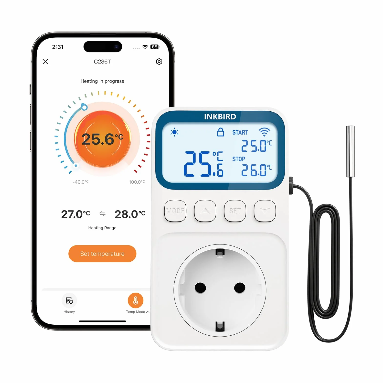 Inkbird Termoregolatore Regolatore di Temperatura,C236T WiFi Termostato con Sonda,Riscaldamento e Raffreddamento,Funzione di Allarme,LCD Display,Presa Termostato per Casa,Rettili,Serra,Incubazione