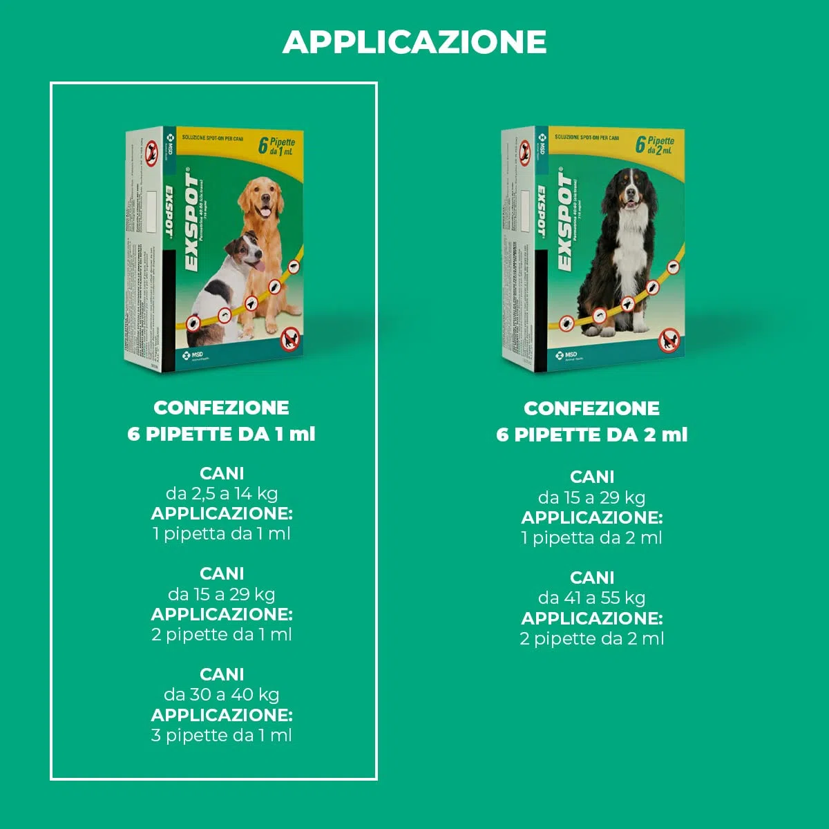 EXSPOT ANTIPARASSITARIO per Cani da 2,5 kg A 40 kg 6 Pipette ANTIPULCI ANTIZECCHE REPELLE ZANZARE Mosche E PIDOCCHI