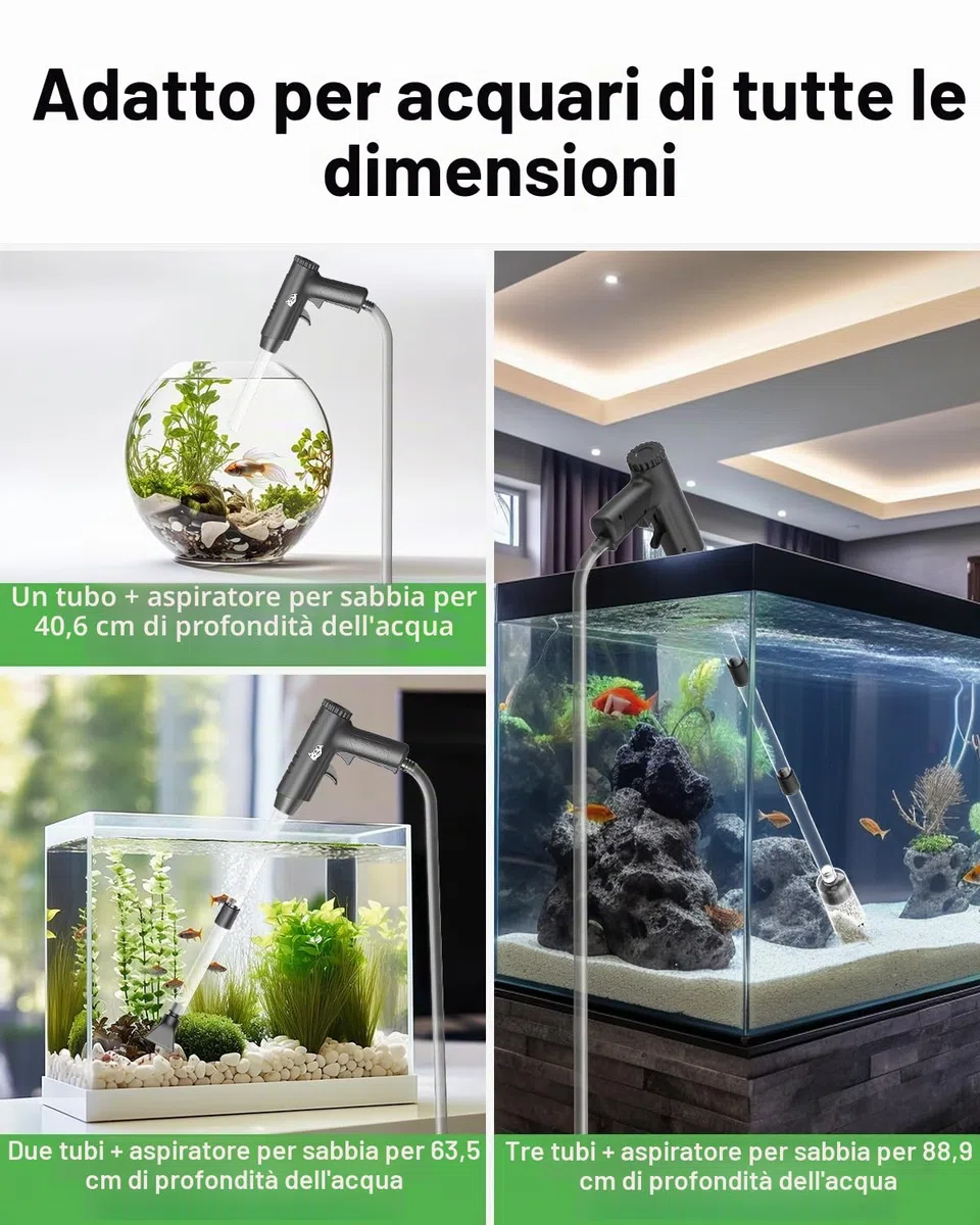 AQQA Sifone Acquario, Cambio d'Acqua per Acquario, 4 in 1 Pulitore di Ghiaia per Acquari con Regolazione del Flusso d'Acqua, per Il Cambio d'Acqua, la Pulizia della Ghiaia e della Sabbia