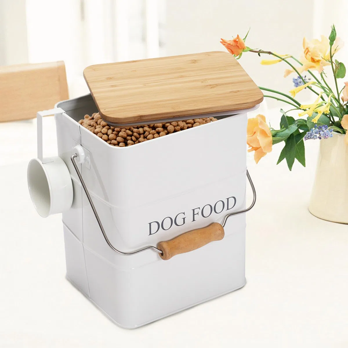 Geyecete Contenitore Crocchette Cane-6L Contenitore per Alimenti in Metallo con Ermetici Legno Coperchi/Maniglia,per Cibo per Gatti, Cani
