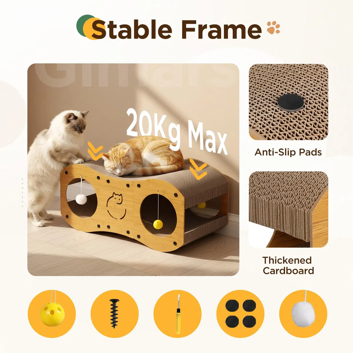 Gimars Casetta Tiragraffi per Gatti 3-in-1, Cuccia e Lettino Tiragraffi in Cartone Ondulato con Palline Gioco, Protezione Mobili e Divani, Stile Legno, 59.5 x 29.5 x 28 cm