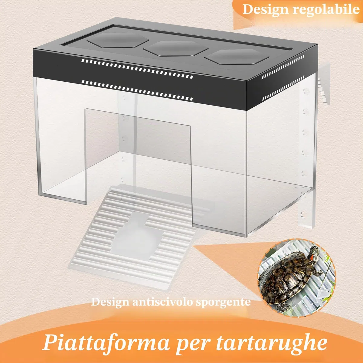 Tartaruga Piattaforma Regolabile Altezza Hanging Topper Habitat con Coperchio e Rampa, 25 × 16 × 16 cm PC Trasparente Piccolo Sopra il Serbatoio Recinzione Acquario per Baby Land Turtles Red Ear