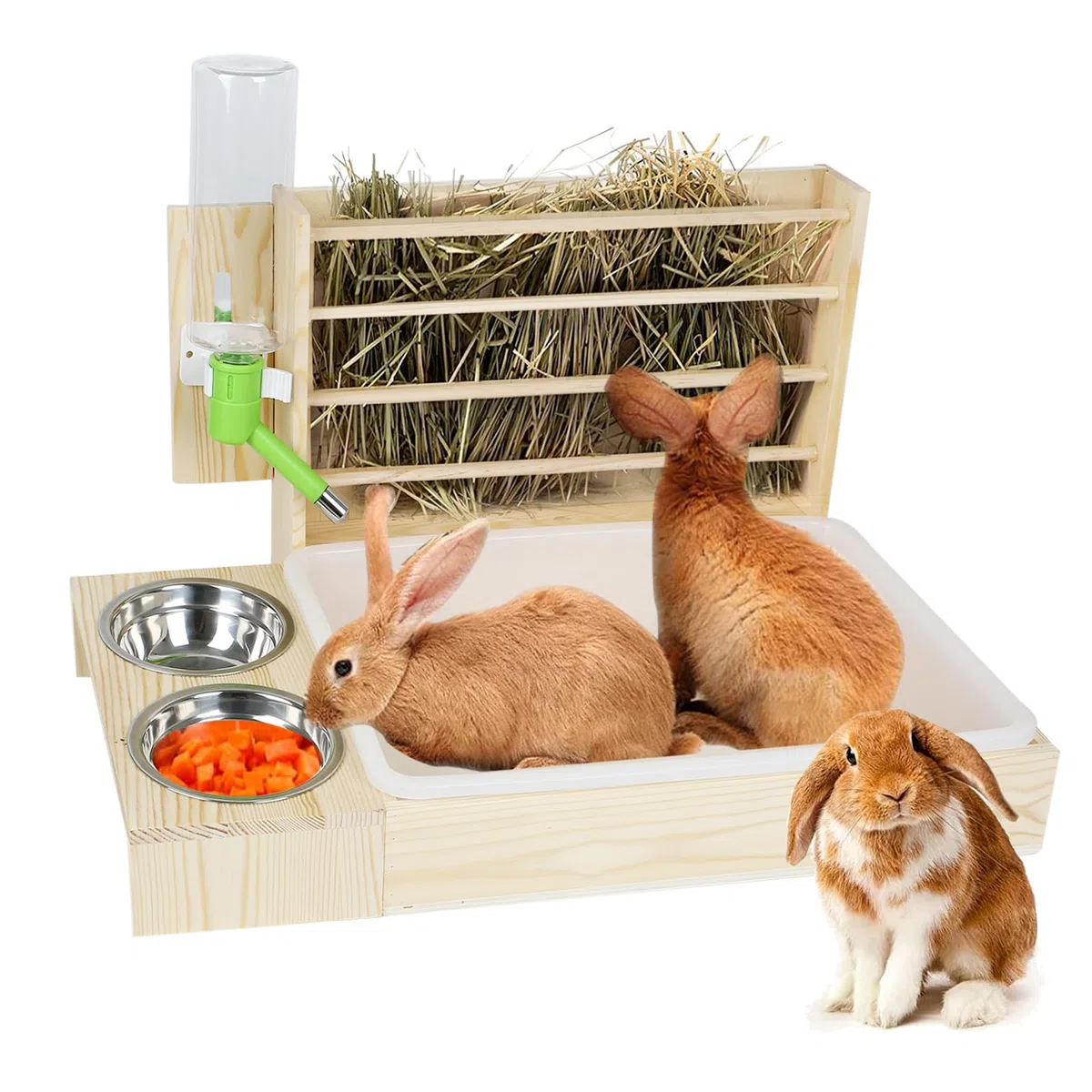 Grande mulinello da fieno multifunzione con wc, trogolo in legno per conigli, mulinello da fieno, completo di abbeveratoio e ciotola, adatto per conigli, porcellini d'India, criceti, piccoli animali