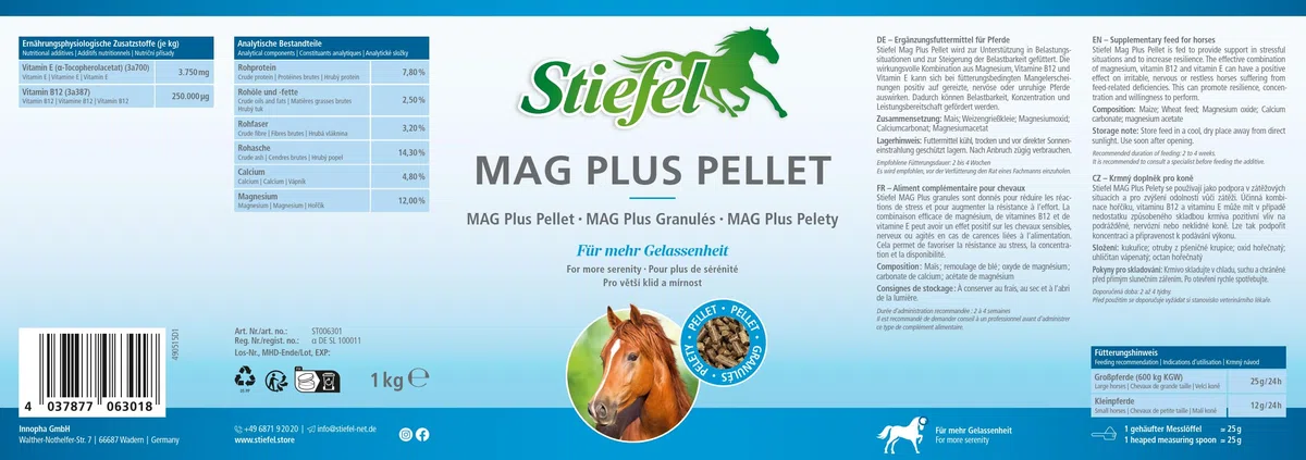 Stiefel Mag Plus per Cavalli, magnesio ad Alto dosaggio per Una Maggiore serenità per promuovere la disponibilità e la concentrazione, con vitamina B12 e vitamina E, Pellet, 1 kg