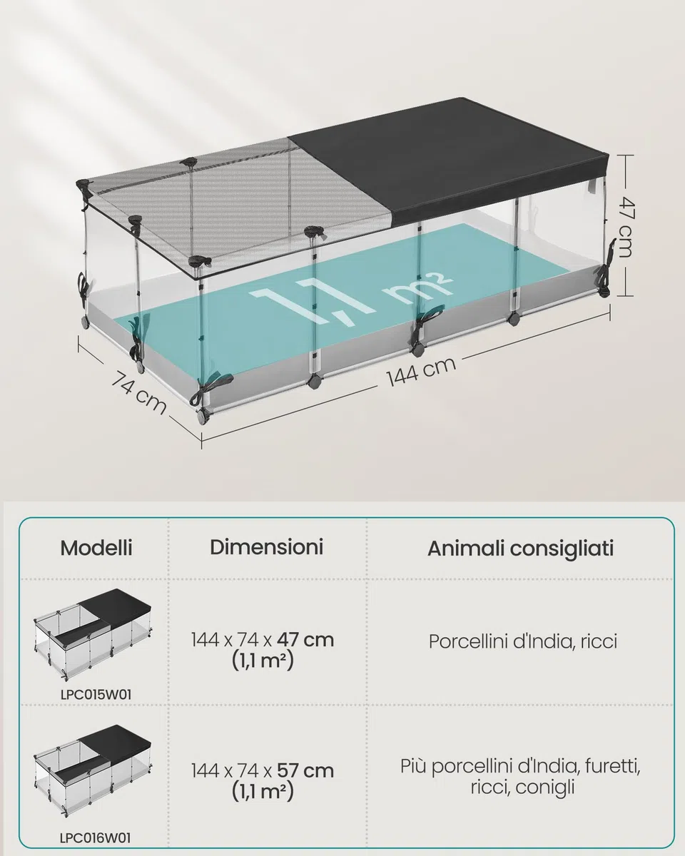 SONGMICS Parco recinto, recinto per piccoli animali, pannelli semi-trasparenti, tela traspirante, tappeto impermeabile, per coniglio, riccio, porcellino d'India, Furetto, 144 x 74 x 47 cm, bianco