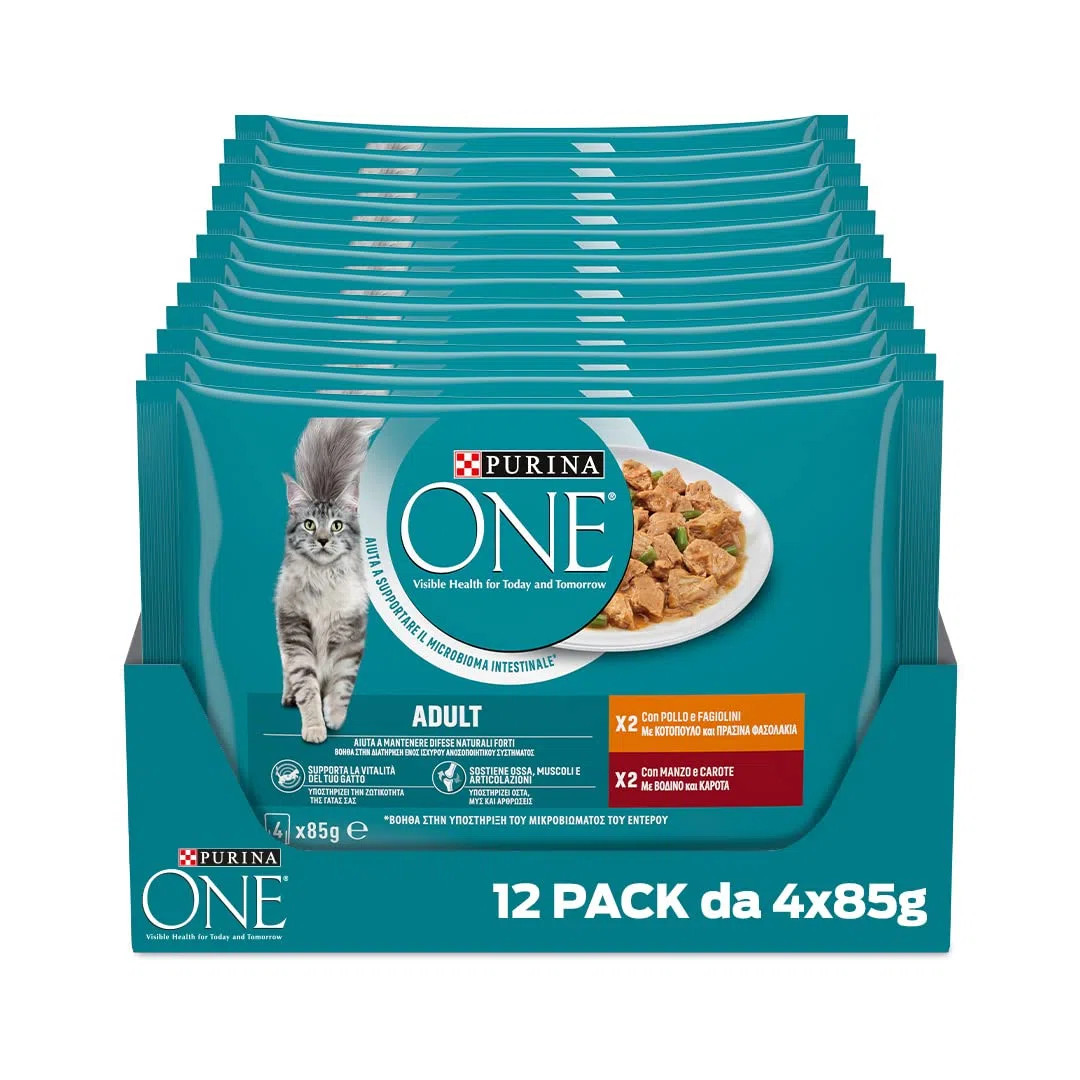 PURINA ONE Cibo Umido per Gatti Adulti Filettini con Pollo e fagiolini, Manzo e Carote 48 Buste da 85g