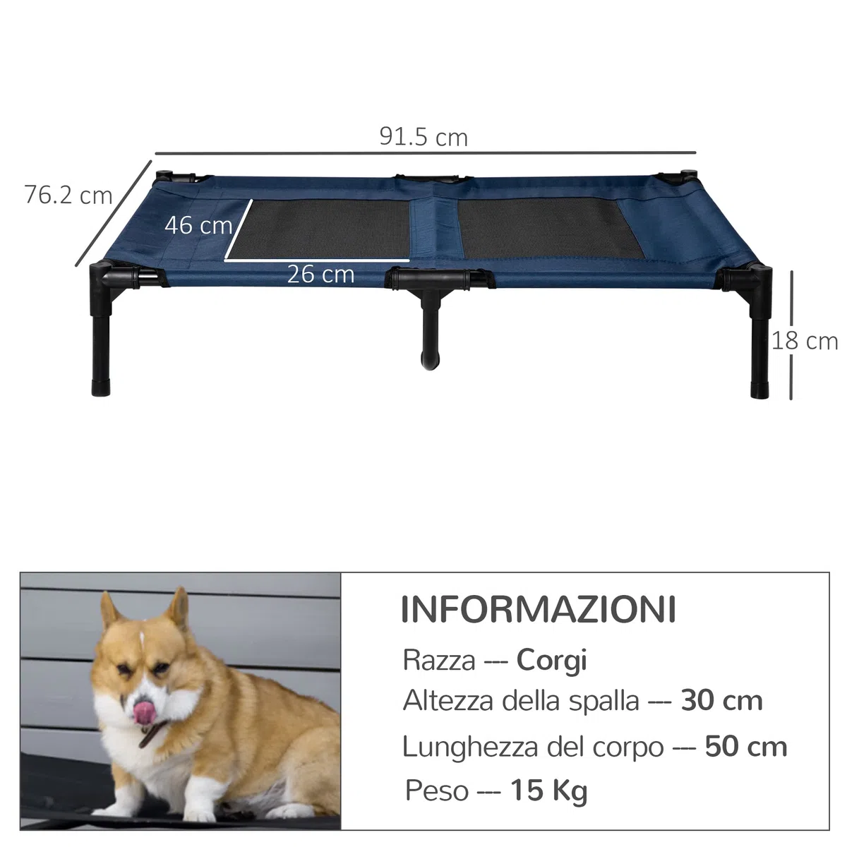 PawHut Brandina per Cani Rialzato con 600D Tessuto a Rete, Lettino per Cani Grandi da Viaggio con Peso fino a 30 kg, 91.5x76.2x18 cm, Blu