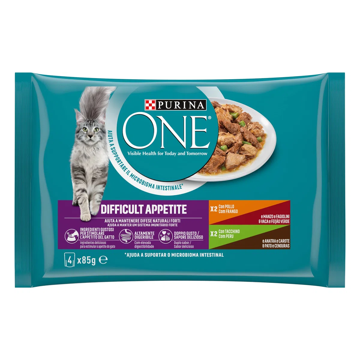PURINA ONE Appetito Difficile Cibo Umido per Gatti Adulti Filettini con Pollo, Manzo e Fagiolini, Tacchino, Anatra e Carote 48 Buste da 85g